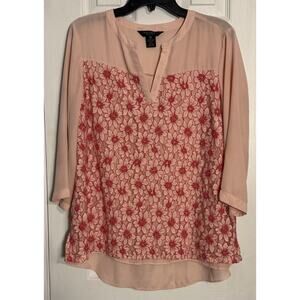Investments Petites Light Pink Floral Lace Blouse, Lined, Long Sleeve, PXL